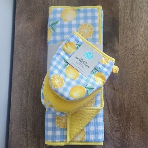New Martha Stewart Lemon Reversible Kitchen Drying Mats Set of 2 & Mini Mitts - Picture 1 of 7